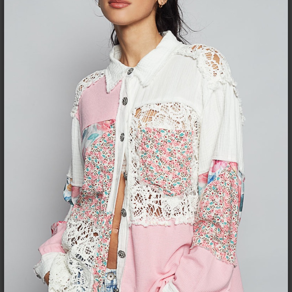 POL pink Multi-Panel Button-Down Patchwork Shirt